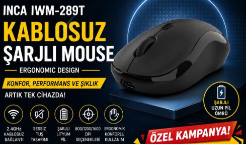 INCA IWM-289T Kablosuz siyah Ergonomic Design Şarjlı Mouse
